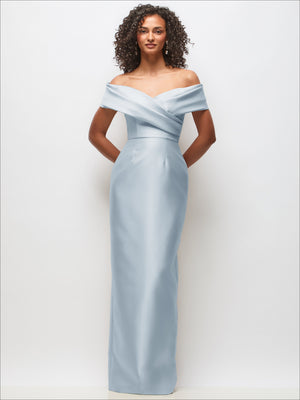 Light blue satin off-shoulder draped wrap maxi dress with column silhouette