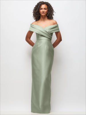 Sage green satin off-the-shoulder column maxi dress with draped wrap neckline
