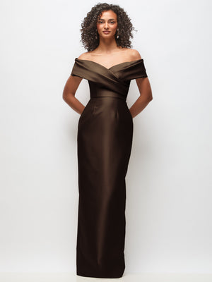Off-the-shoulder satin maxi dress, draped neckline, chocolate brown column silhouette