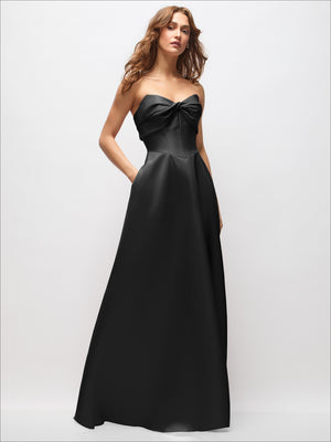 Black strapless satin maxi dress with twisted bodice and full skirt