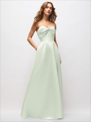 Light mint strapless satin maxi dress with twisted bust and full A-line skirt