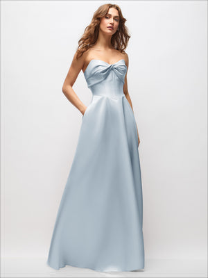 Light blue strapless satin maxi dress with bow detail at neckline and full skirt