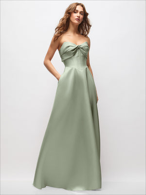 Sage green strapless satin maxi dress, draped twist neckline, basque waist, full skirt