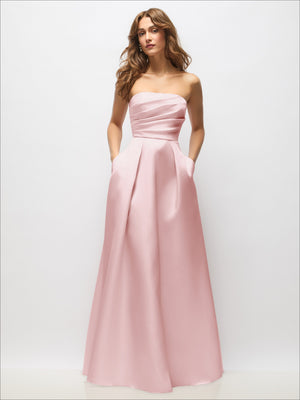 Satin strapless maxi dress in blush pink with draped hand-pleats and full skirt