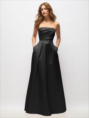 Black strapless satin maxi dress with hand-pleated bodice and full pleated skirt