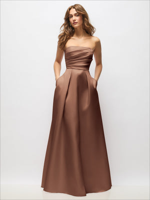 Strapless satin maxi dress in deep chocolate brown with hand-pleated bodice and full skirt
