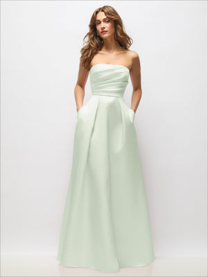 Strapless satin maxi dress in mint green with pleated bodice and full skirt