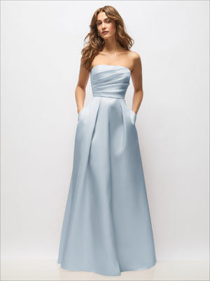 Powder blue satin strapless maxi dress with pleated bodice and full pleated skirt