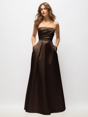 Black strapless satin maxi dress with draped bodice and full hand-pleated skirt.