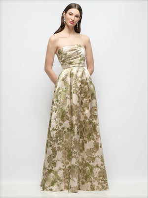 Strapless pleated bodice maxi dress in light beige with olive floral jacquard.