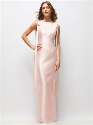 Blush satin column maxi dress with bateau neckline and ribbon bow-tail straps
