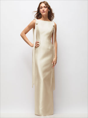 Champagne satin column maxi dress with bateau neckline and long bow strap tails