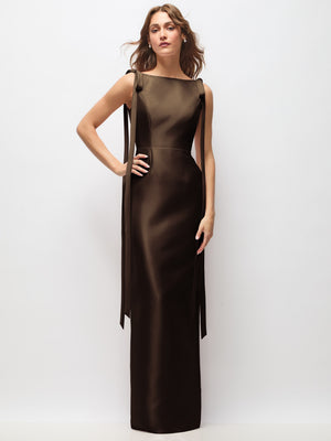 Chocolate satin column maxi dress with bateau neckline and long tail bow straps
