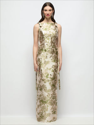 Cream and green floral jacquard maxi dress, sleeveless column with long tie bow straps