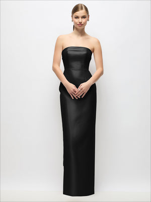 Black strapless satin column maxi dress with fitted bodice