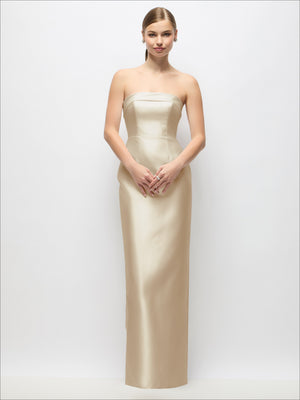 Ivory strapless satin maxi dress with column skirt and fitted bodice
