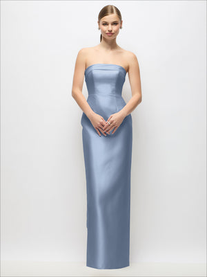 Strapless satin maxi dress, light blue column style with straight neckline