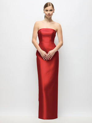 Red strapless satin maxi dress with fitted column skirt and back bow detail