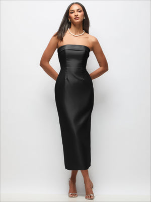 Black strapless satin midi dress with fitted column silhouette and sweetheart neckline