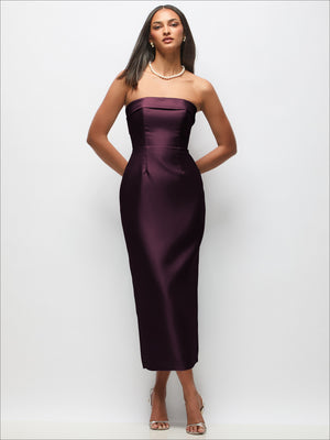 Deep plum satin strapless midi dress with back bow and column skirt