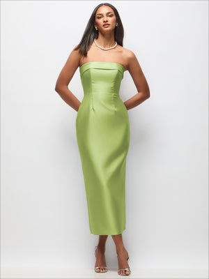 Satin strapless midi dress with cuff detail and column skirt in lime green