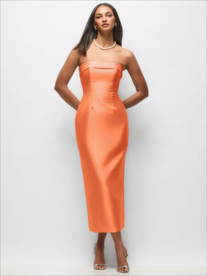 Peach strapless satin midi dress with cuff neckline and column skirt