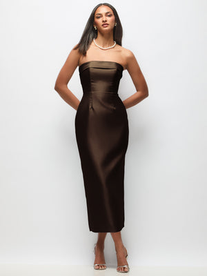 Strapless satin midi dress with back bow, dark brown column skirt