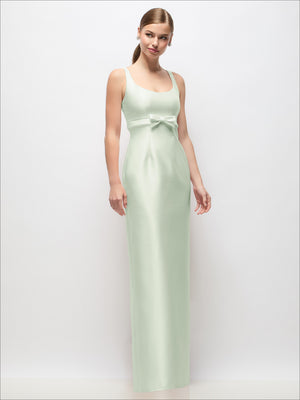 Scoop neck satin column maxi dress in pale mint green with bow at empire waist
