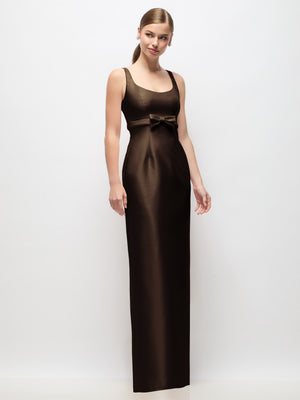 Dark brown satin scoop-neck column maxi dress with empire-waist bow detail