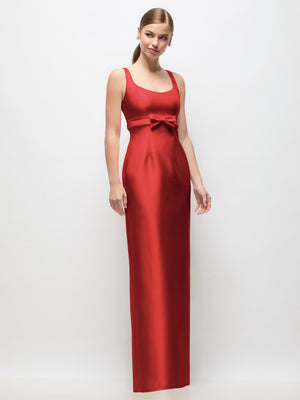 Red satin scoop-neck column maxi dress with empire-waist bow detail