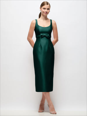 Dark green satin column midi dress with scoop neck, empire waist bow, sleeveless