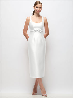 Scoop-neck satin column midi dress, light color, empire waist bow detail