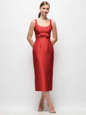Red scoop-neck satin column midi dress with bow at empire waist, sleeveless