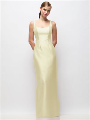 Butter yellow satin column maxi dress with scoop neckline and sleeveless bodice