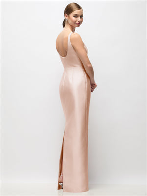 Blush satin scoop-neck column maxi dress with sleeveless cut and side slit