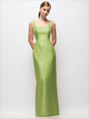 Scoop neck satin column maxi dress, sleeveless, bright lime green with fitted bodice and long skirt.