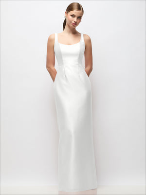 White satin scoop-neck column maxi dress, sleeveless, floor-length