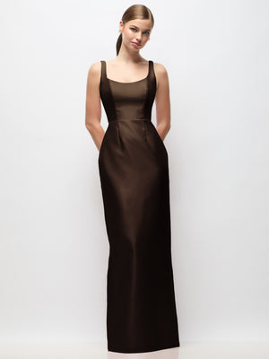 Satin column maxi dress with scoop neckline and sleeveless dark satin fit