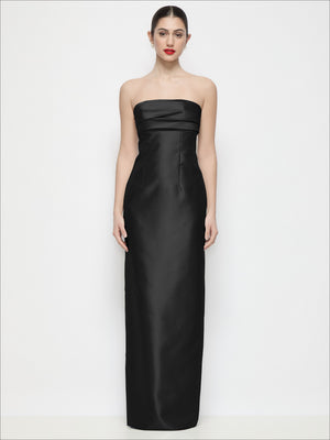 Black strapless satin column maxi dress with bandeau top, front view