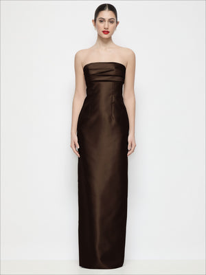 Dark brown strapless satin column maxi dress with pleated bodice and empire waist
