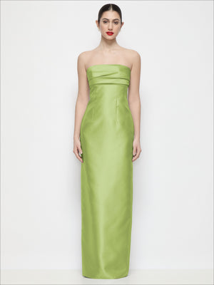 Lime green strapless satin column maxi dress with pleated empire bodice