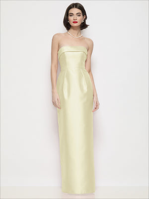 Light yellow strapless satin maxi dress with cuff neckline and column skirt