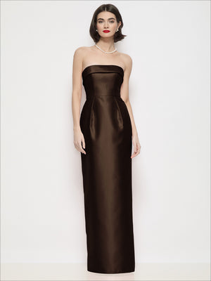 Brown strapless satin maxi dress with cuff neckline and column skirt.