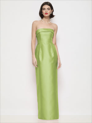 Lime green strapless satin maxi dress with cuff neckline and column skirt