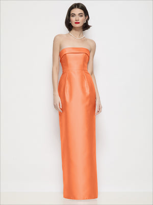 Strapless satin maxi dress in orange-coral with bandeau neckline, column skirt.