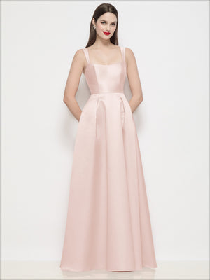 Blush satin maxi dress with square neckline, thin straps, basque waist, pleated skirt