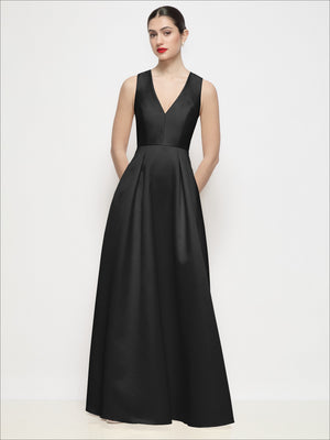 Black satin maxi dress with sleeveless V-neck and pleated full skirt
