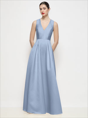 Light blue satin sleeveless V-neck maxi dress with pleated skirt and gathered waist, full front.