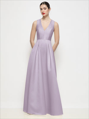 Lavender sleeveless V-neck satin maxi dress with gathered pleated skirt