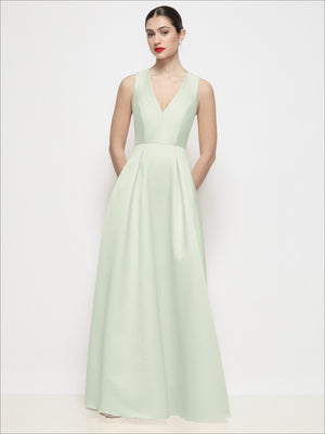 Pale sage satin V-neck sleeveless maxi dress with pleated skirt, full front